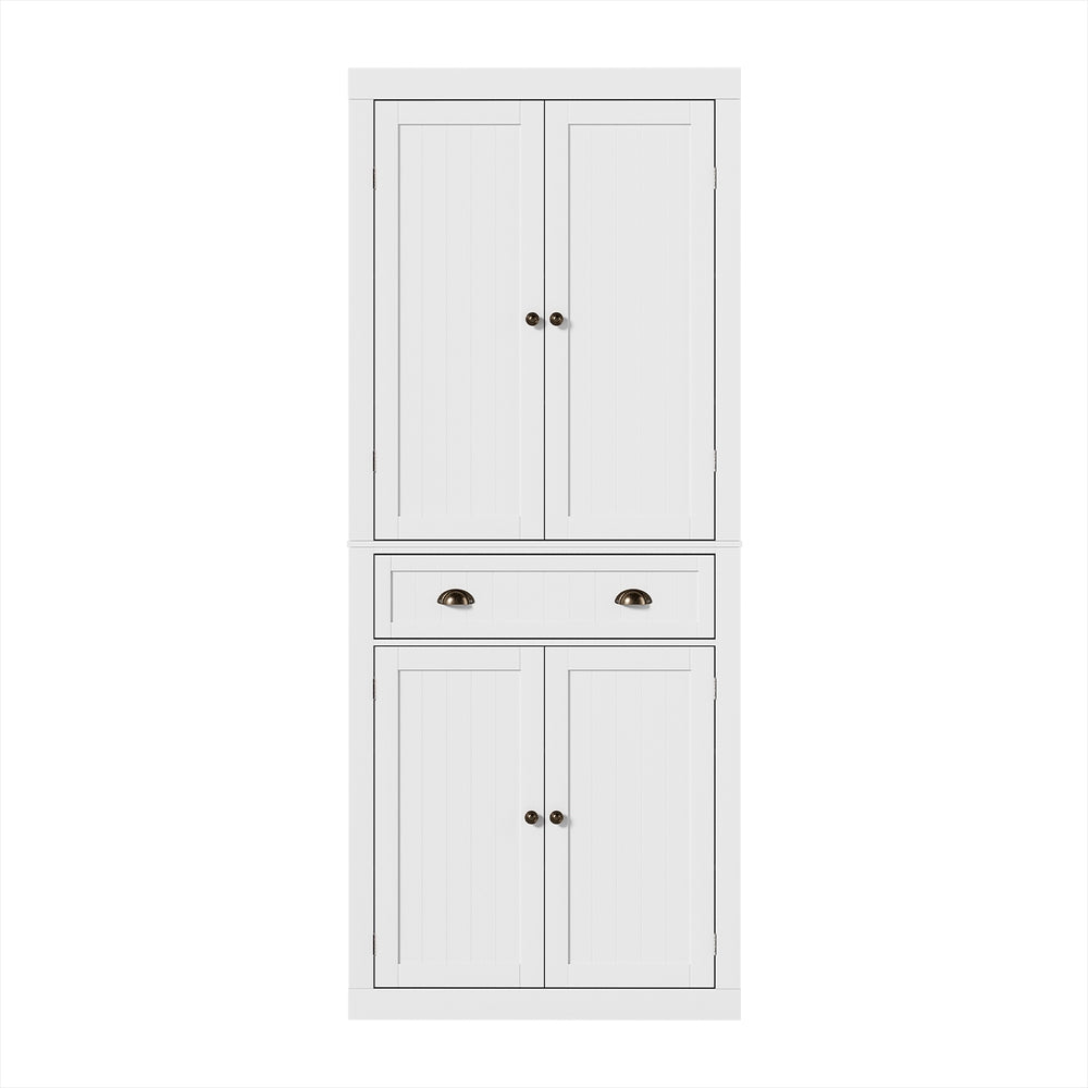 Tall white beadboard pantry cabinet front view on white background, all doors closed, bronze knob and cup pull hardware