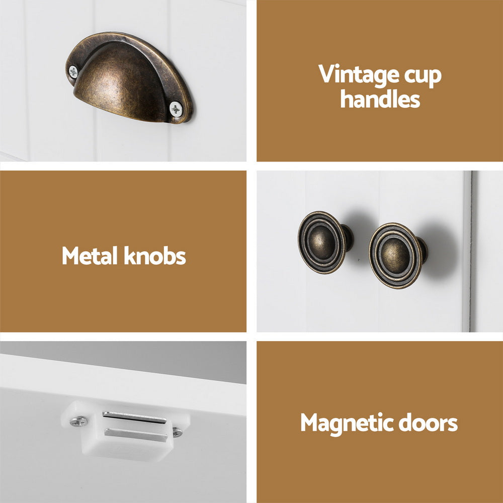 White pantry cabinet hardware: bronze cup handle, metal knobs and magnetic door catch