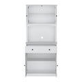 White tall pantry cabinet with upper and lower doors open showing interior shelves, central drawer and cable hole