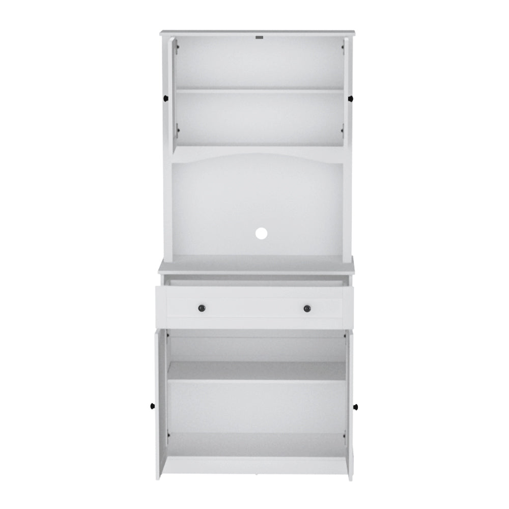 White tall pantry cabinet with upper and lower doors open showing interior shelves, central drawer and cable hole