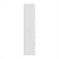 Tall white beadboard pantry cabinet side view on white background showing right side panel and hinges