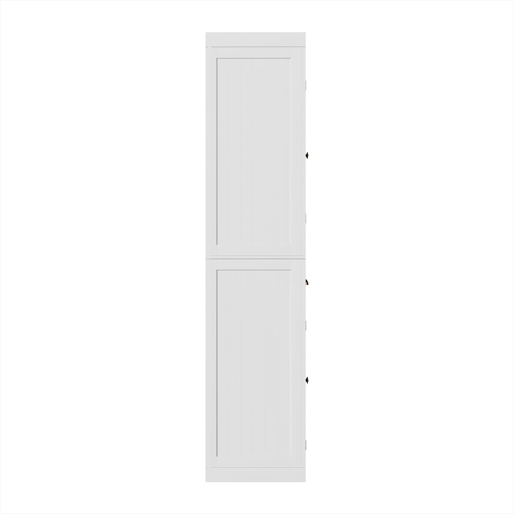 Tall white beadboard pantry cabinet side view on white background showing right side panel and hinges