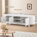 White ribbed TV unit dimension diagram doors open 160cm wide 40cm deep 45cm tall 60kg top capacity with storage bins