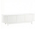 White fluted TV unit 160cm with 4 ribbed panel doors rounded ends and white cylindrical legs on white background