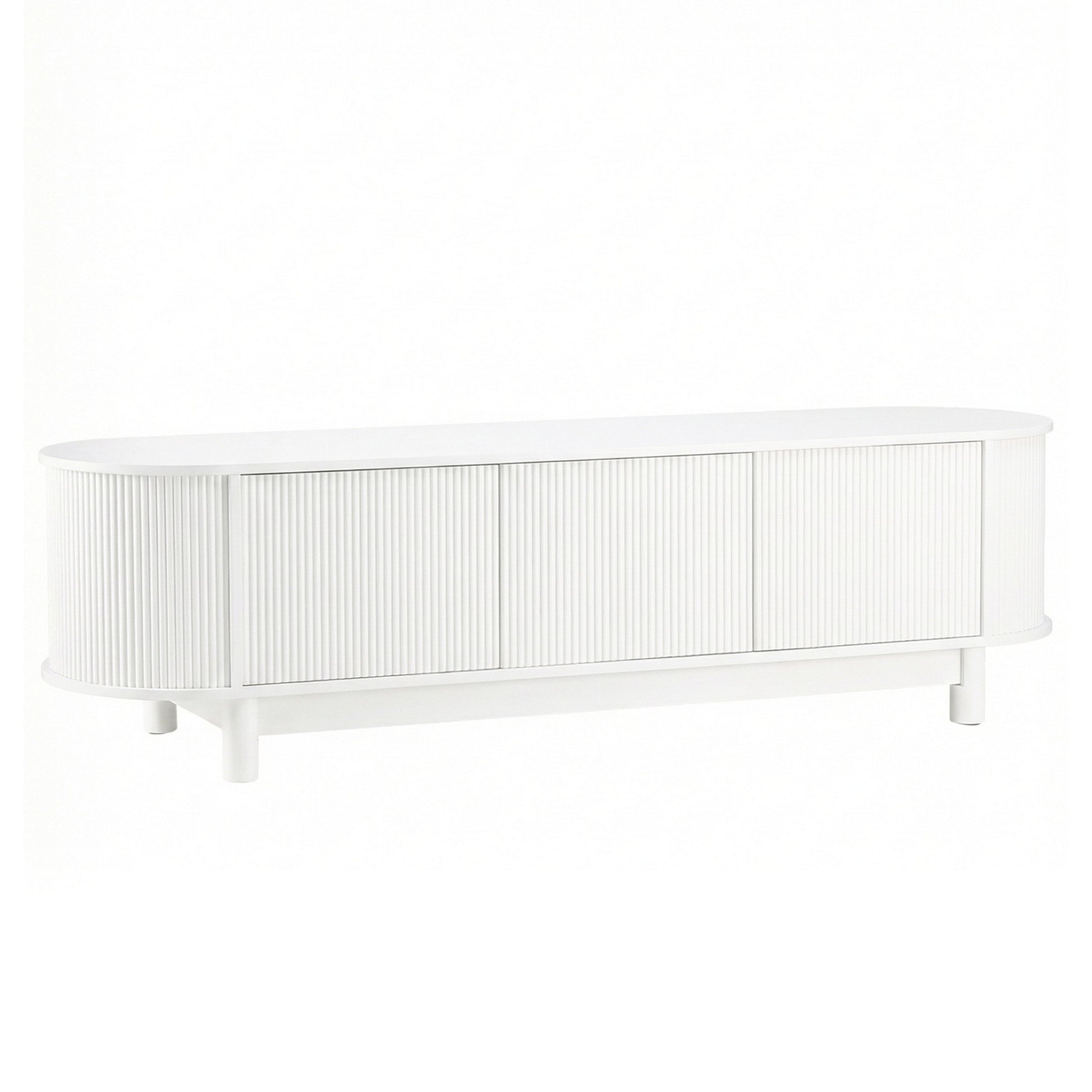 White fluted TV unit 160cm with 4 ribbed panel doors rounded ends and white cylindrical legs on white background