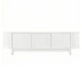 White ribbed TV unit straight front view showing 3 equal fluted door panels with rounded ends and white cylindrical legs