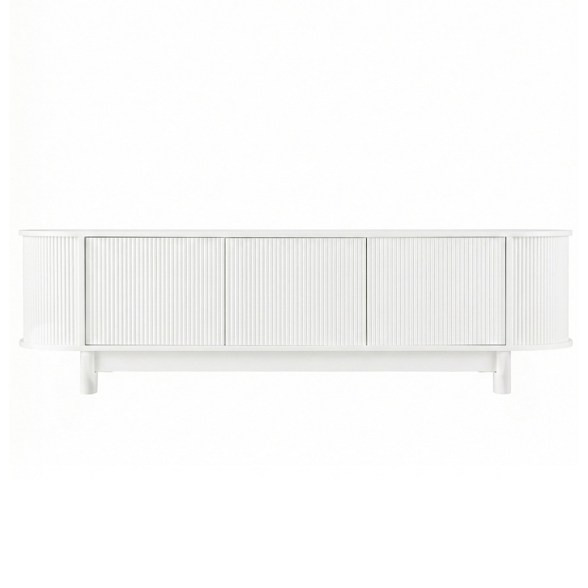 White ribbed TV unit straight front view showing 3 equal fluted door panels with rounded ends and white cylindrical legs
