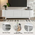 White rounded TV unit with 3 feature callouts soft close hinges 6cm cable holes and push-to-open device