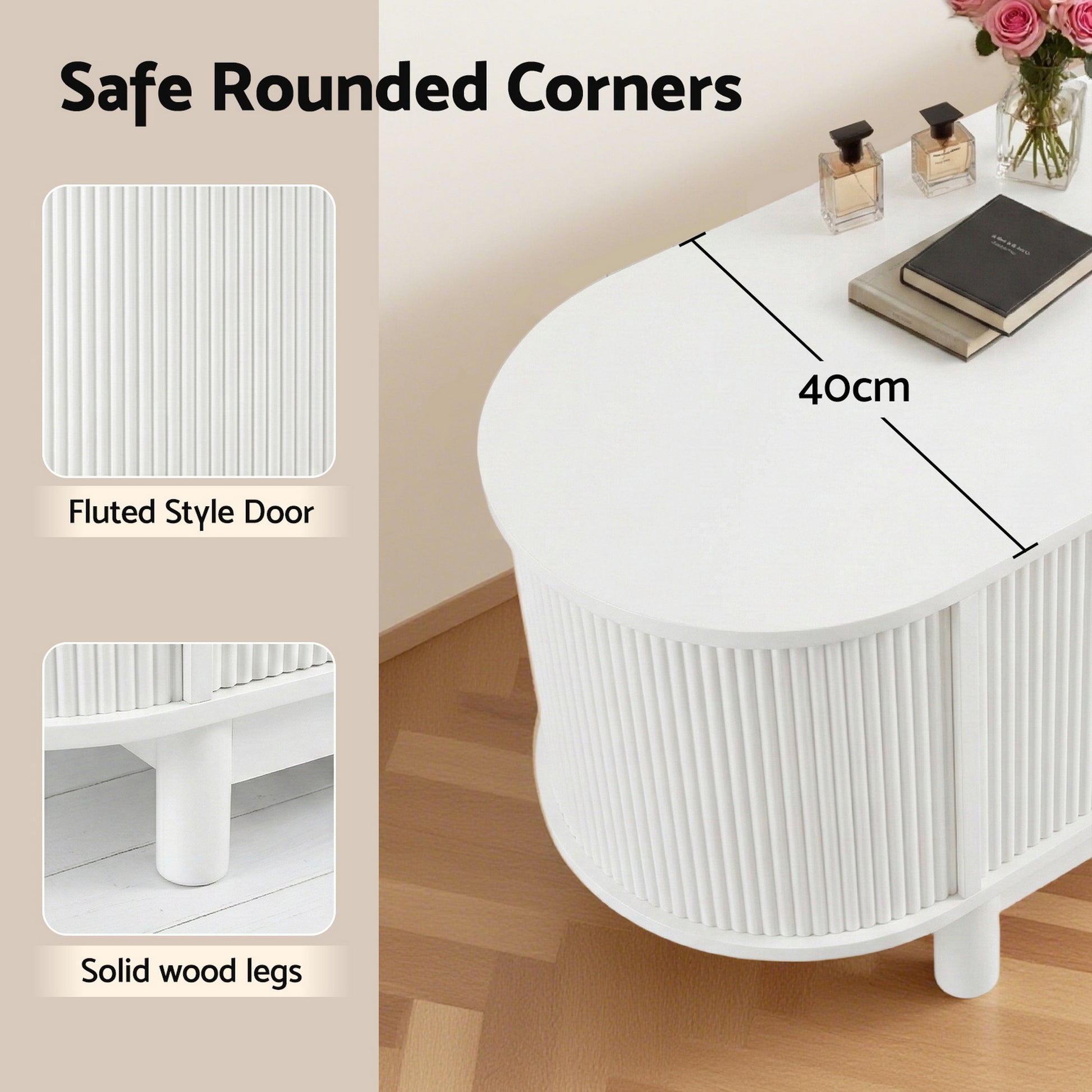 Feature infographic showing safe rounded corner 40cm depth fluted style door panel and solid wood legs