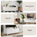 Three lifestyle scenes showing white rounded TV unit in staircase entrance living room and bedroom