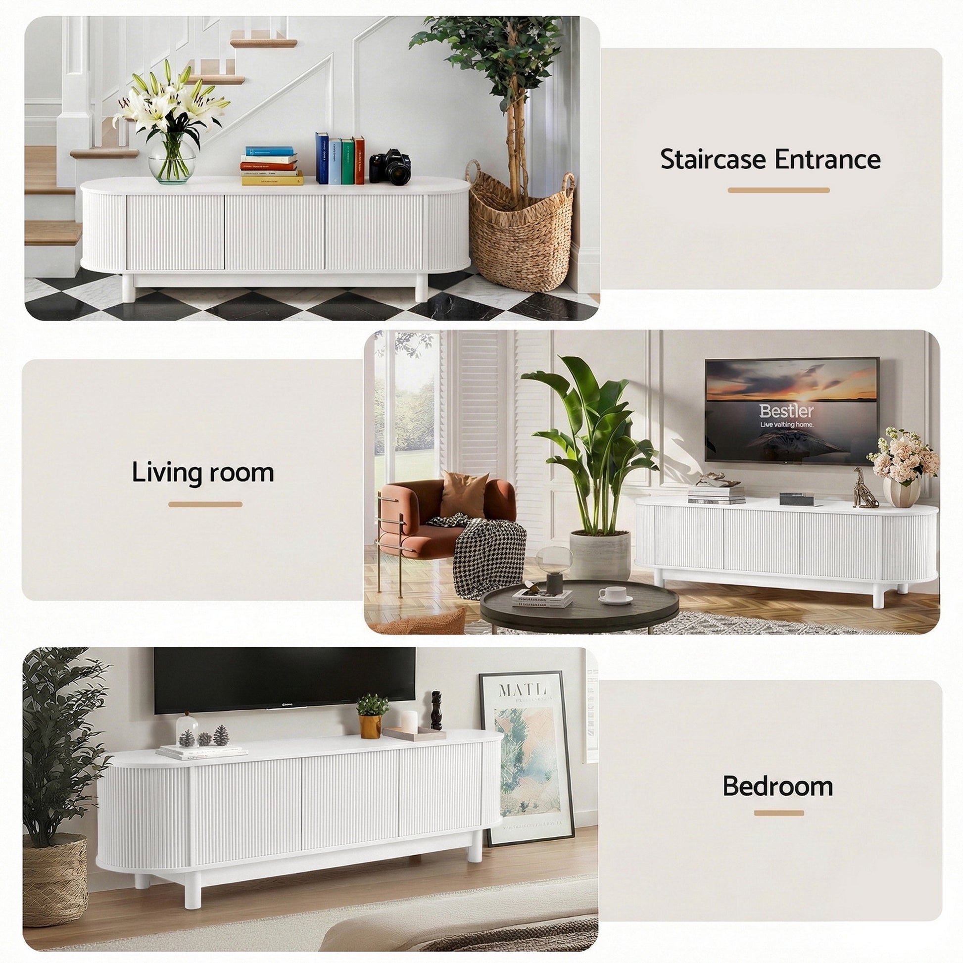 Three lifestyle scenes showing white rounded TV unit in staircase entrance living room and bedroom