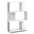 White S-shaped 3-tier open display shelf with staggered compartments and round feet on white background, angle view