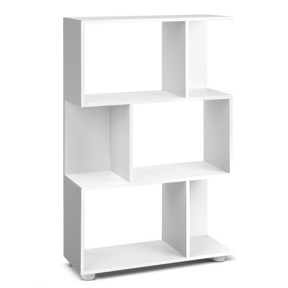 White S-shaped 3-tier open display shelf with staggered compartments and round feet on white background, angle view