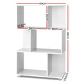 White S-shaped display shelf dimensions: 98cm tall, 60cm wide, 23.5cm deep, upper compartment 30cm high