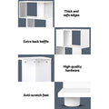 Feature detail panels of white S-shaped shelf: thick edges, back baffle, quality hardware, and anti-scratch round feet