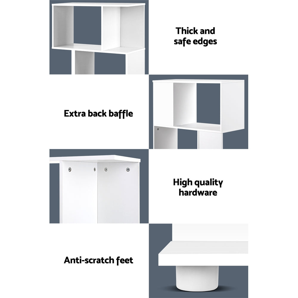 Feature detail panels of white S-shaped shelf: thick edges, back baffle, quality hardware, and anti-scratch round feet
