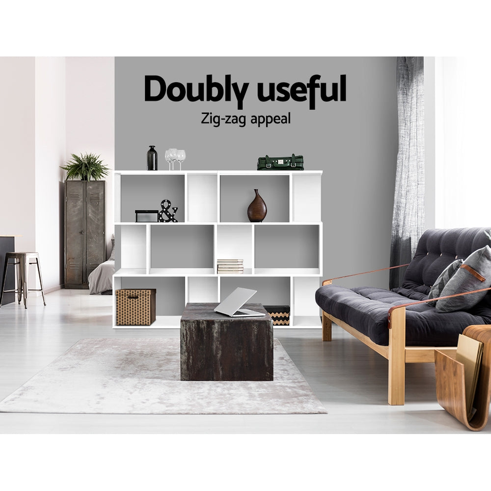 Two white S-shaped display shelves placed side by side as room divider in open living area; text reads Doubly useful