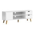 White Scandi TV unit 120cm angle view on white background left door center cable-hole shelves and two right drawers