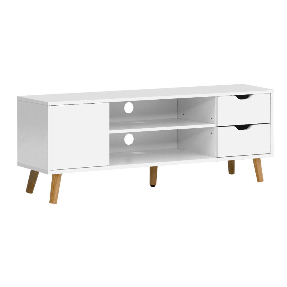 White Scandi TV unit 120cm angle view on white background left door center cable-hole shelves and two right drawers