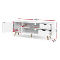 White Scandi TV unit 120cm dimension diagram 120x42x28cm with door open cable holes and shelf measurements