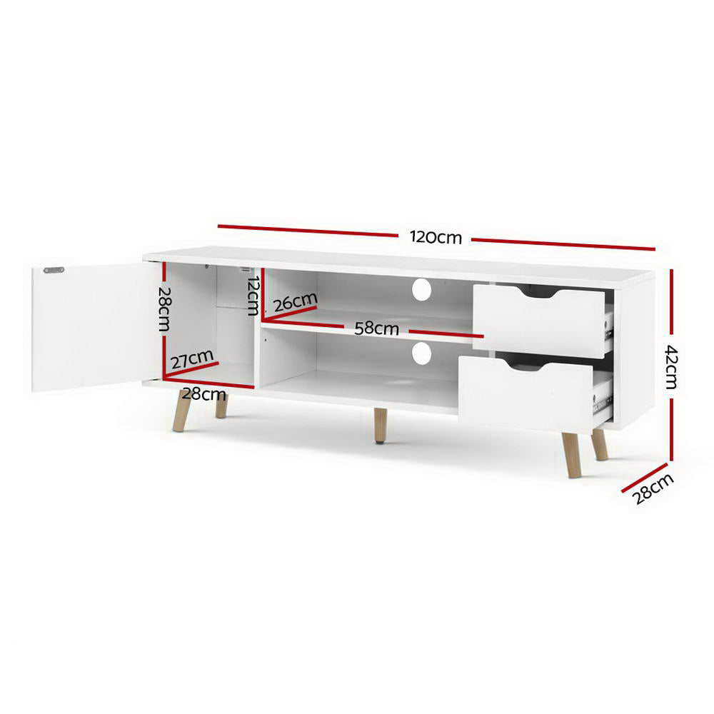 White Scandi TV unit 120cm dimension diagram 120x42x28cm with door open cable holes and shelf measurements