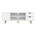 White Scandi TV unit 120cm front view on white background left door two shelves with cable holes and two drawers