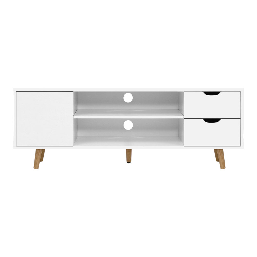 White Scandi TV unit 120cm front view on white background left door two shelves with cable holes and two drawers