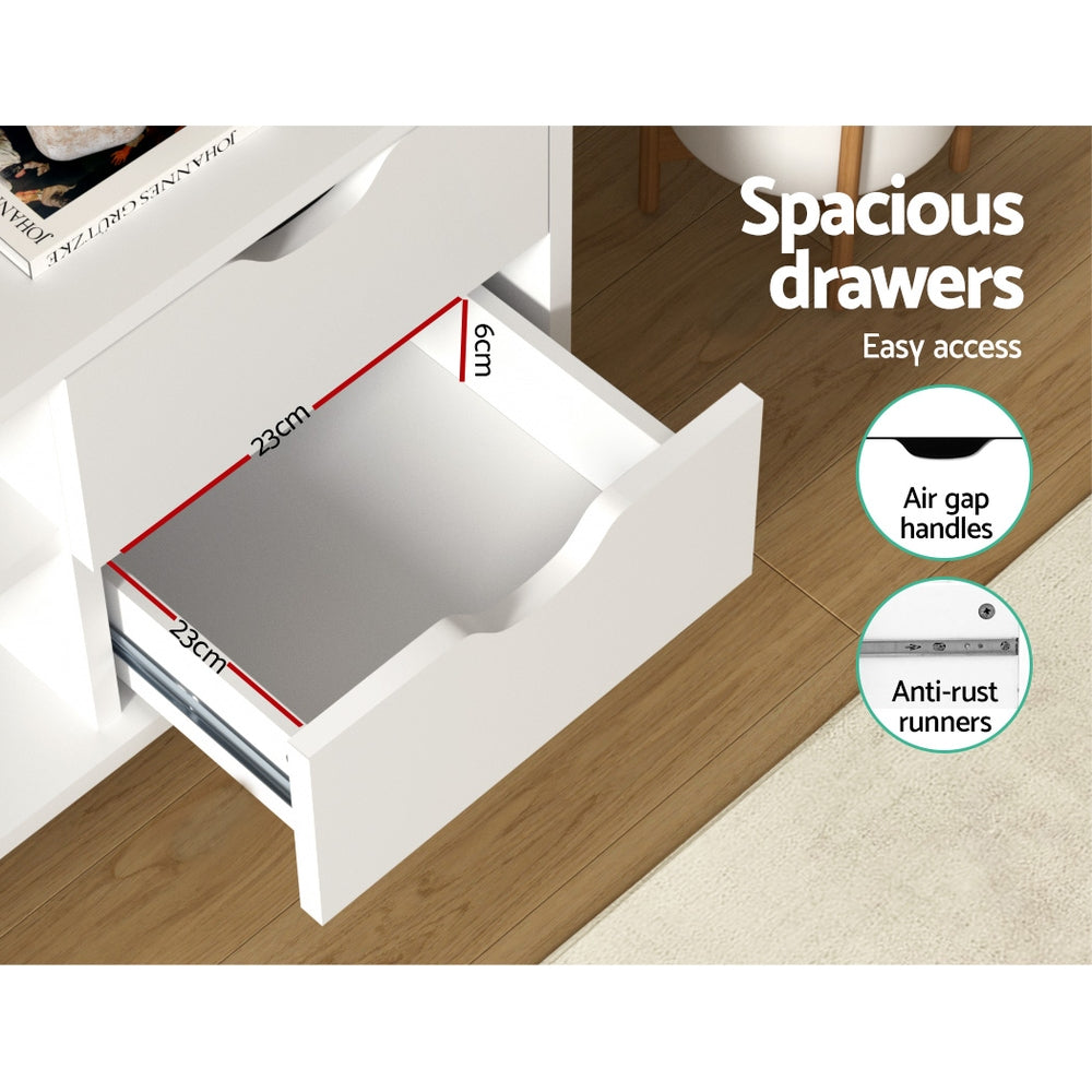 White Scandi TV unit drawer open 23x23x6cm with air gap handle and anti-rust metal runners label