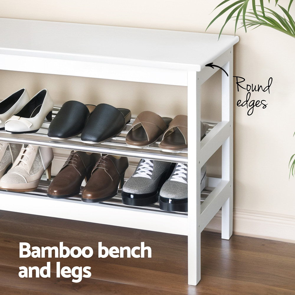 White bamboo shoe bench with shoes on steel slat shelves, bamboo bench and legs callout, round edges note