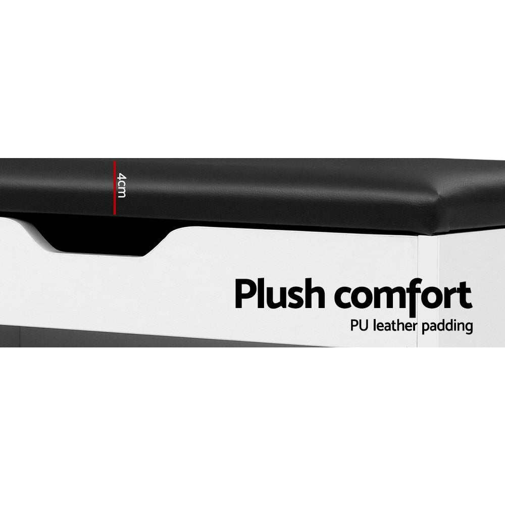 White shoe bench black PU leather cushion top detail 4cm thick plush comfort PU leather padding text on white background