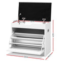 White shoe bench dimensions diagram with lid open showing hinges and 57cm width 53cm height 30cm depth