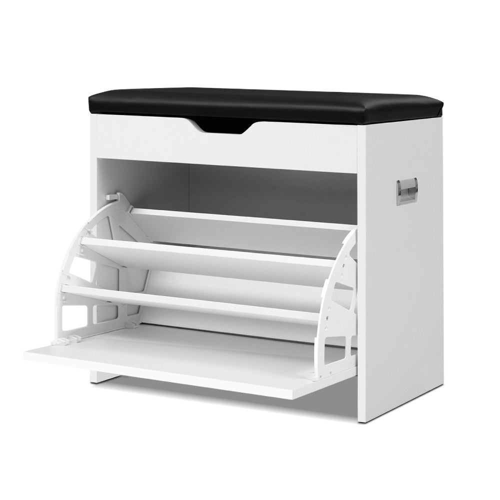 White shoe bench with black PU leather cushion, shoe tiers fully extended empty on white background