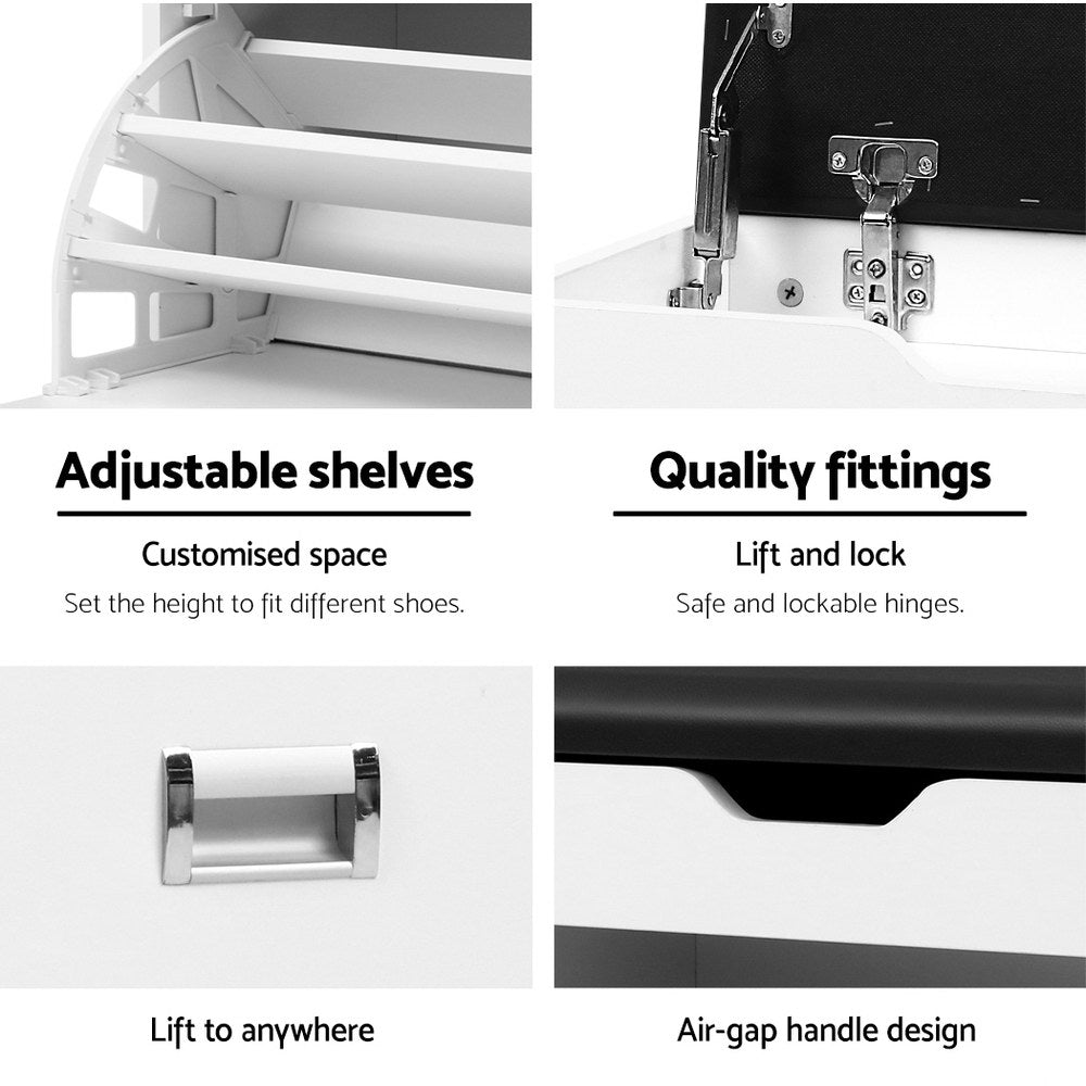 White shoe bench features adjustable tray shelves quality locking hinges chrome air-gap handle and black cushion profile view