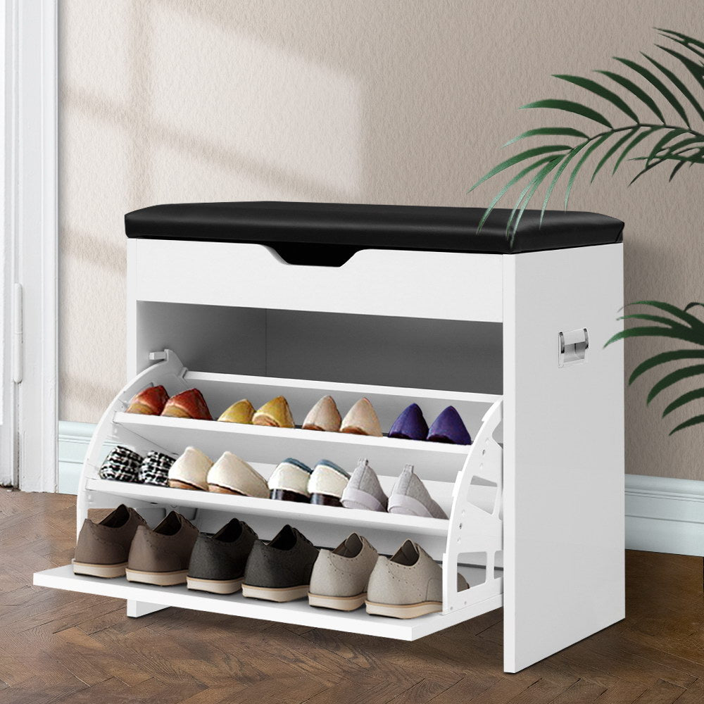 White shoe bench with black PU leather cushion top flip-out lower section open showing colourful heels in hallway lifestyle