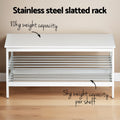 White bamboo shoe bench empty showing stainless steel slatted rack with 80kg seat and 5kg shelf labels