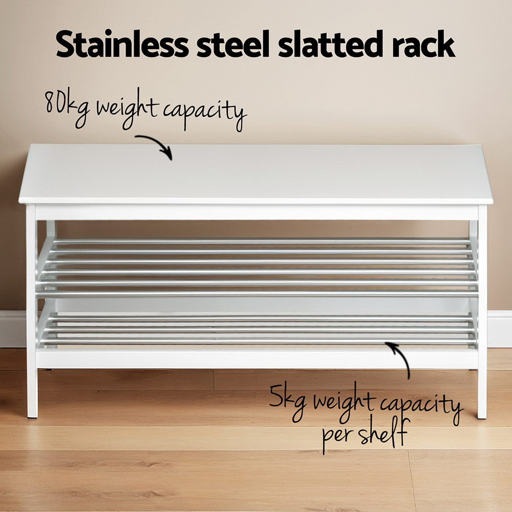 White bamboo shoe bench empty showing stainless steel slatted rack with 80kg seat and 5kg shelf labels