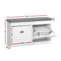White shoe bench dimensions 104cm wide 48cm tall 24cm deep with left compartment 48cm wide and flip-out tray measurements
