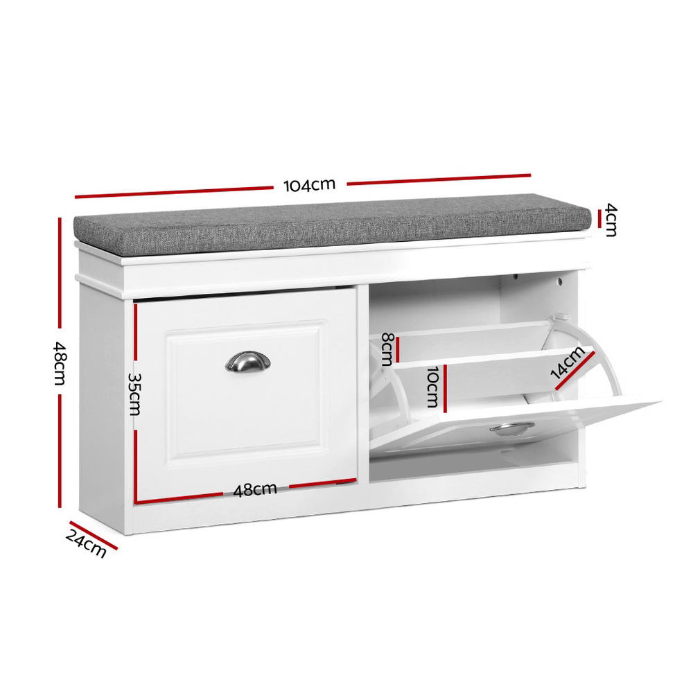 White shoe bench dimensions 104cm wide 48cm tall 24cm deep with left compartment 48cm wide and flip-out tray measurements