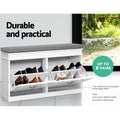 White shoe bench both compartments open showing flip-out shoe trays with eight shoe pairs loaded up to 8 pairs badge visible