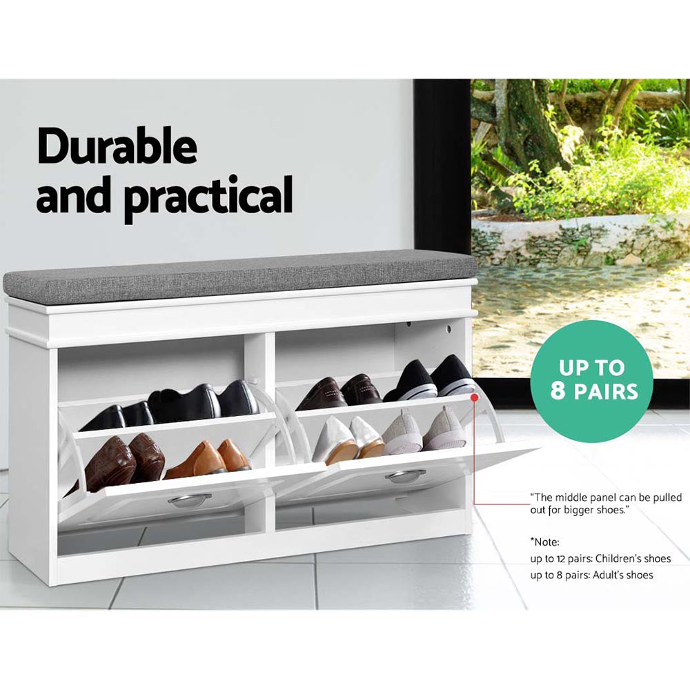 White shoe bench both compartments open showing flip-out shoe trays with eight shoe pairs loaded up to 8 pairs badge visible