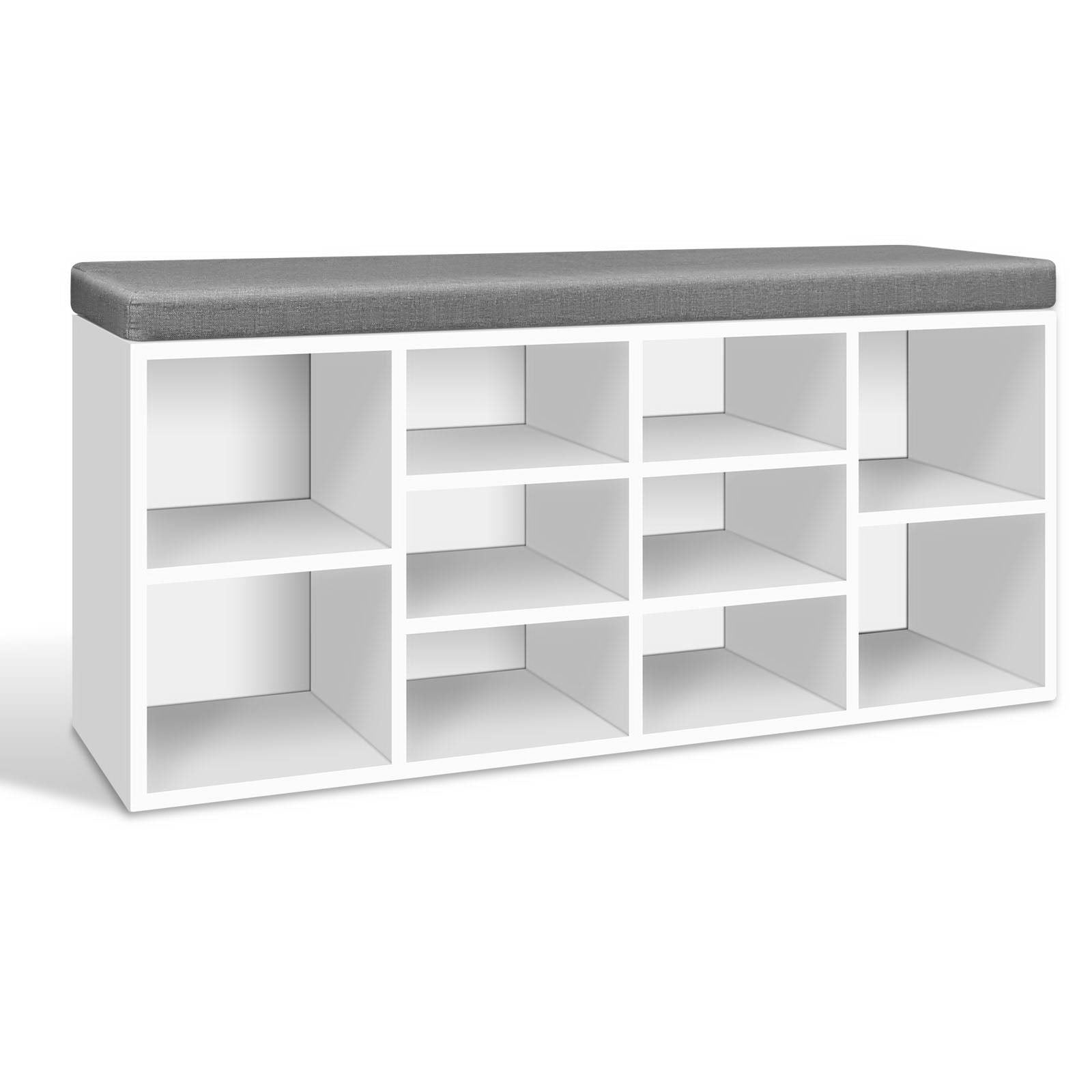 White shoe storage bench with grey cushion three-quarter view all 10 open cubbies empty on white background