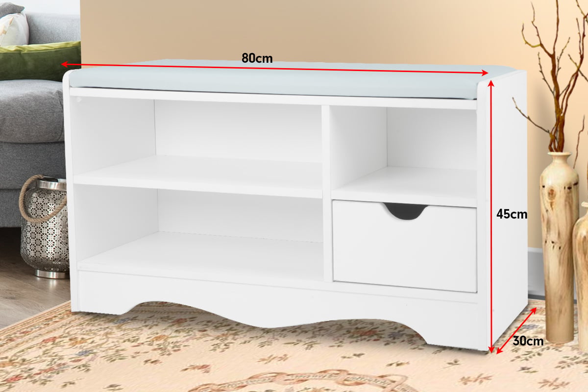 White shoe storage bench dimensions in room setting: 80cm wide, 45cm tall, 30cm deep, grey PU cushion