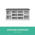 White shoe bench grey cushion front view all 10 open cubbies empty good first impression tidy text on teal banner