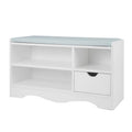 White shoe storage bench with light blue PU cushion, two open cubbies and one pull-out drawer, white background