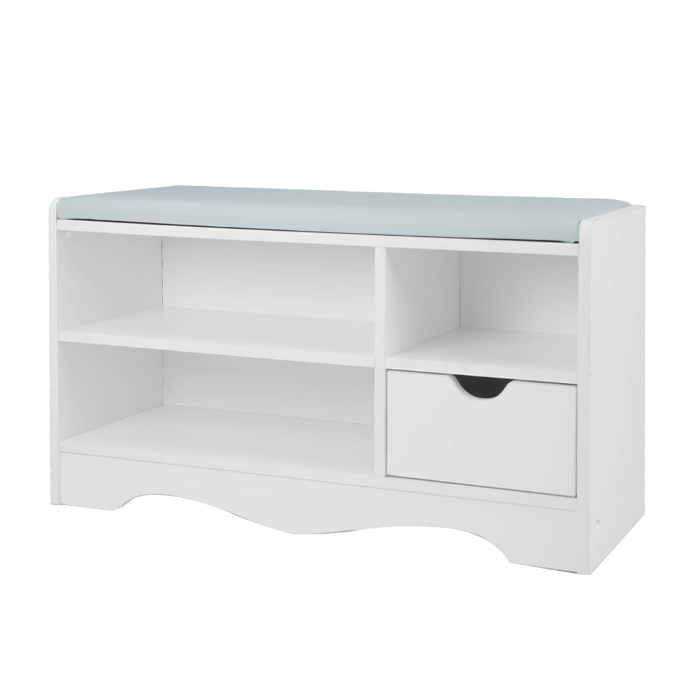 White shoe storage bench with light blue PU cushion, two open cubbies and one pull-out drawer, white background