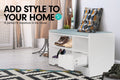White shoe storage bench with blue PU cushion in styled entryway with mirror and coat rack behind