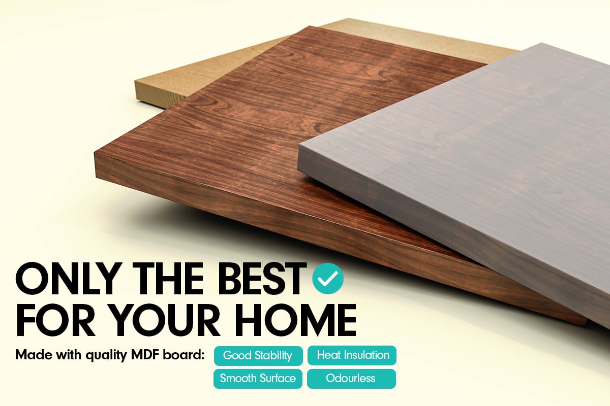 Quality MDF board infographic showing three panel layers with good stability, heat insulation and smooth surface labels