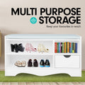 White shoe bench with blue PU cushion loaded with heels and books, multi purpose storage text above