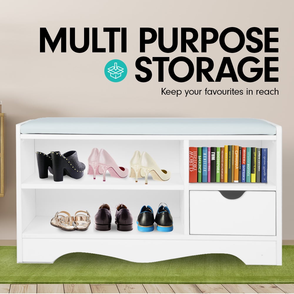 White shoe bench with blue PU cushion loaded with heels and books, multi purpose storage text above