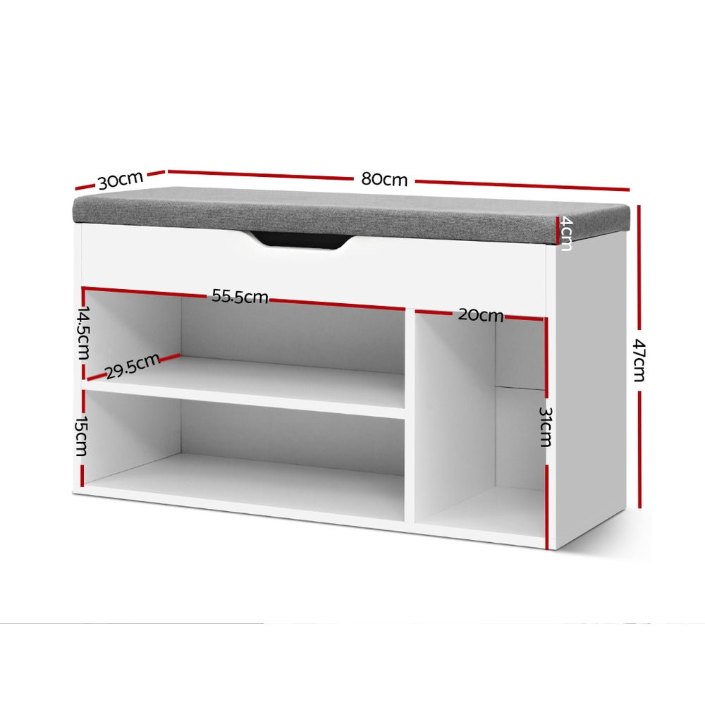 White shoe bench dimensions 80cm wide 47cm tall 30cm deep 4cm cushion with shelf 55.5cm wide 14.5cm and 15cm high nook 20cm